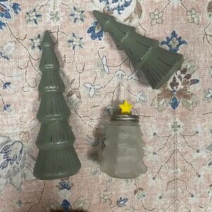Christmas Tree Decor Set 2 Sage Green Resin Trees Frosted Glass Sipper Cup